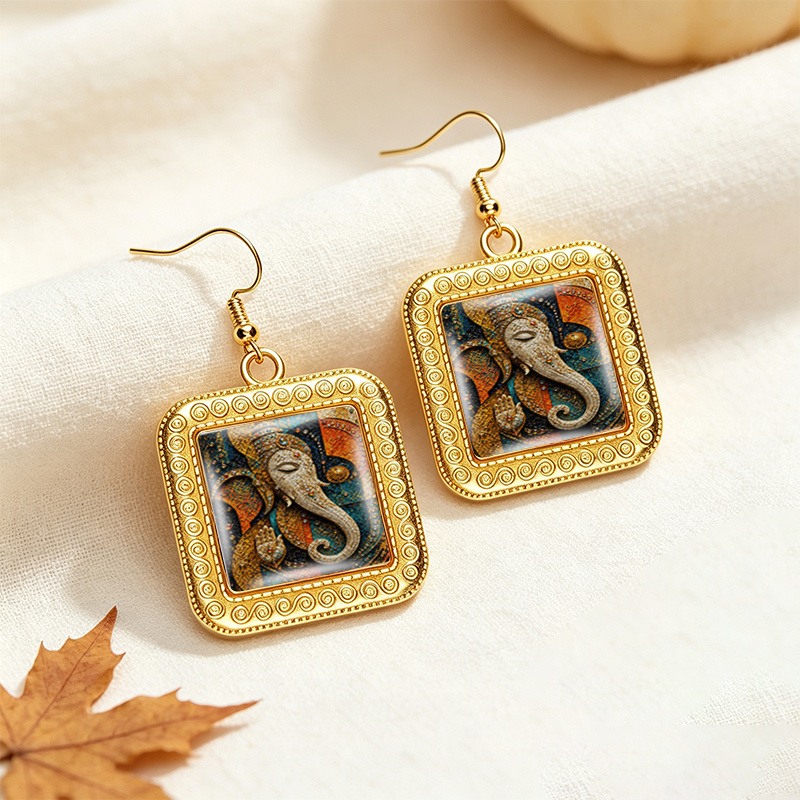 Golden Hindu Religious Square Glass Cabochon Dangle Earrings